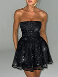 Elegant Strapless Sexy Mini Dress Women Fashion Black Off-shoulder Backless Pleated Sequins Sparkle Club Party Dress