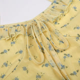 Yellow Ruffles Flowers Printed Mesh Dress