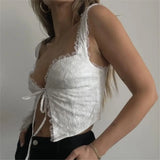 Sexy white lace crop tops women Summer casual lace tank top for women cute tops front tie corset top korean streetwear y2k