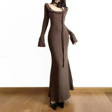 Vintage Brown Flare Sleeve Knit Long Dress