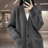 Cashmere Blend Wool Soft Winter Warm Knitted V-neck Women's Cardigans Sweater Korean Fashion Casual Loose Long Sleeve Coat