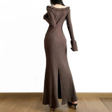 Vintage Brown Flare Sleeve Knit Long Dress