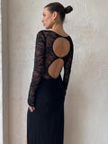 Patchwork Sexy See Through Lace Women Maxi Dress Hollow Out High Slit Evening Dress Female Skinny Elegant Party Clubwear