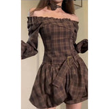 Vintage Plaid Mini Dress Women Streetwear Sexy Slash Neck Belt One Pieces Dresses Harajuku Korean Long Sleeve Tunic Vestidos New