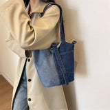 Washed Denim Fabric Shoulder Bucket Bags For Women Designer Handbags Colorblock Patchwork Crossbody Bag Large Capacity Tote