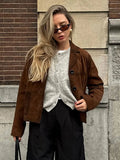 Retro Brown Short Women's Jacket Turndown Collar Single Breasted Long Sleeve Jackets Fashion Casual Loose New Autumn Coat