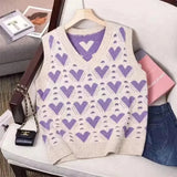 Fashion Love Heart Printed Loose Knitted Vest Sweater Casual V Neck Sleeveless Thick Sweater Vest Female Waistcoat Chic Tops