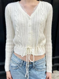 Women Twisted Flower Lace-up Sweater Cardigan Spring Lace V-neck Cotton Slim Summer Top Beige High Waist Sweater Coat