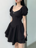 Black Square Neck Slim Pleated Mini Dress