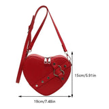 Vintage Y2K Small Chain Rivet Shoulder Bag Heart Shaped Purse Handbag Red PU Leather Gothic Tote Bag Fashion Women Crossbody Bag