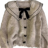 Bomon Autumn/Winter Knit Top Loose And Lazy Autumn/Winter Soft Waxy Grey Doll Collar Bow Sweater Cardigan Coat For Women