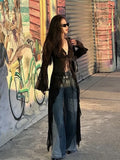 Vintage Y2k Black See Through Long Cardigan Women Sexy Grunge V-neck Streetwear Tops Summer Chic Aesthetic Bandage Slim Blouse