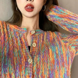 New Rainbow Color Cardigan with Buttons Autumn Winter Korean Fashion Long Sleeve Knit Cardigan Women Loose Sweaters