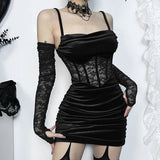 Velvet Y2k Ruched Elegant Corset Dresses Gothic Lace Patches Sheer Sling Party Dress Red Black Ladies Backless Clothes