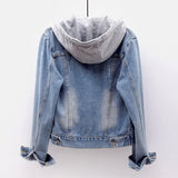 Blue Denim Coat Women Hooded Turn-down Collar Denim Jacket Women Slim Button Jacket Patchwork Outwear Jean Coat Female