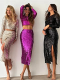 Night Club 2 Piece-Set Maxi Skirt Female Sequin Cropped Top And High Waist Split Long Skirt Sets Glitter Fashion Outfits