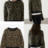 women's American retro brown leopard print round neck sweater knit top for autumn and winter