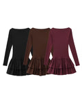 Fashion Women Round Neck Pleated Solid Mini Dress Chic High Waist Long Sleeve Short Vestdios Elegant High Street Robes