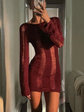 Sexy Sheer Knitted Dress Women Bodycon Long Sleeve Hollow Out Mini Dresses Femme Club Sexy Backless Knitwear Dress Womens