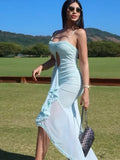 Sexy Women Sleeveless Backless Hollow Out Maxi Dress Elegant Gauze Pleated Splicing Hem Summer Chic Beach Evening Gowns