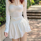 Sexy Cute White Mini Skirt Women Drawstring Folds High Waist Irregular Ruffle Patchwork Fairycore Short Skirts Coquette