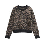 women's American retro brown leopard print round neck sweater knit top for autumn and winter