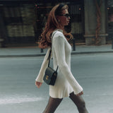 Women Elegant Gray Knitwears Sweater Mini Dress Casual Long Sleeve O Neck Sexy Short Dresses Winter Female White Black Fashion