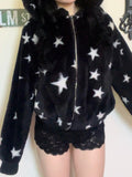 Autumn Winter New Y2k Women’s Long Sleeve Hoodies Star Print Velvet Zipper Straight Loose Cardigan Design Warm