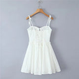 Summer dress Women Sexy  White Mini Dressses Lace Embroideryed Bodycon Dress Korean Fashion Ruffle Cami Dresss Back Lace Up