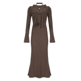 Vintage Brown Flare Sleeve Knit Long Dress