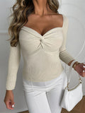  Solid Casual Women's Twist Knot Front V Neck Crop Sweater Knitwear Ladies Autumn Long Sleeve Knitted Pullover Tops