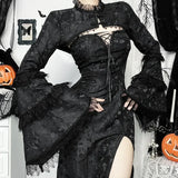 Fashion Halloween Gothic Grunge Punk Women Dress High Split Lace Black Dresses Shrug Sets Harajuku Lolita Cosplay Party Dress