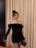 Mini Dresses Women Furry Patchwork Slash Neck Long Sleeve Spring Fashion Slim Sexy Elegant Dress Party Female Backless