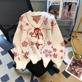 Christmas New Red Autumn and Winter Pullovers Snowflake Knitted Sweaters Thick Loose V-neck Hooded Sweet Long Sleeve Top Trendy