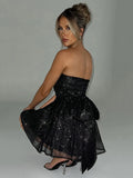 Elegant Strapless Sexy Mini Dress Women Fashion Black Off-shoulder Backless Pleated Sequins Sparkle Club Party Dress