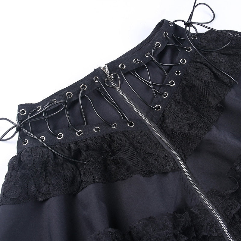 Goth Dark Lace Patchwork Mall Gothic Pleated Skirts Grunge Aesthetic P ...