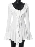 Ruffled Lace-Up White Mini Dress Women's V-Neck Patchwork Long Sleeve Sexy Slim Dress Bandage Elegant Female Summer Dress