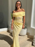 Sexy Off Shoulder Short Sleeve Slim Maxi Dress Elegant Solid Pleated See Through Robes Fashion New Women Evening Vestdios