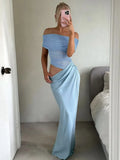 Sexy Off Shoulder Short Sleeve Slim Maxi Dress Elegant Solid Pleated See Through Robes Fashion New Women Evening Vestdios