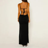 Black Strap Backless Lace Up Long Dress