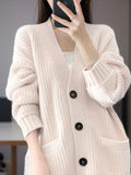 Cashmere Blend Wool Soft Winter Warm Knitted V-neck Women's Cardigans Sweater Korean Fashion Casual Loose Long Sleeve Coat