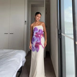 Chic Women Flowers Printed Strapless Sleeveless Maxi Dress Elegant Off Shoulder Slim Long Vestdios Sexy Party Club Robes