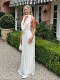 Sexy See Through Deep V Neck White Maxi Dress Elegant Splicing Pleated Mesh Halter Scarf Slim Robes Lady Party Evening Gown