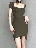 Army Green Slim Square-Neck Mini Dress