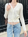 Women Twisted Flower Lace-up Sweater Cardigan Spring Lace V-neck Cotton Slim Summer Top Beige High Waist Sweater Coat