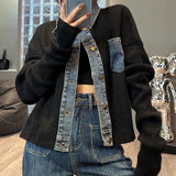 Korean style design, niche, loose  sweater, women's autumn new denim patchwork knitted top jacket