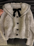 Bomon Autumn/Winter Knit Top Loose And Lazy Autumn/Winter Soft Waxy Grey Doll Collar Bow Sweater Cardigan Coat For Women