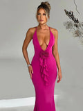 3D Flower Deep V Neck Sexy Maxi Dress For Women Fashion Spaghetti Strap Sleeveless Backless Club Party Sexy Dress