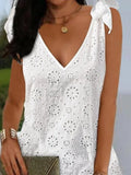 Women's Elegant White Mini Dresses Sexy V-Neck Eyelet Embroidery Tied Detail Sleeveless Dress Beach Fashion Summer Dress