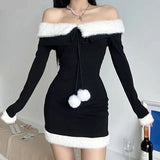 Sexy Red Christmas Dress Women Winter Y2k Plush Patchwork Off Shoulder Party Mini Dress Korean Fashin Elegant Bodycon Dress